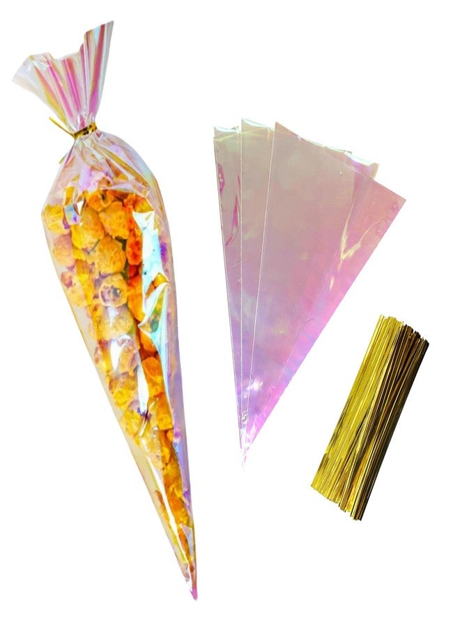 FERENLI 50 Pcs 6.1x10 inch Cone Shaped Iridescent Holographic Cellophane Treat Bags with Twist Ties Plastic Goodie Bags for Candy Popcorn Snack Birthday Party Favors Packaging (Iridescent Clear) - Image 1