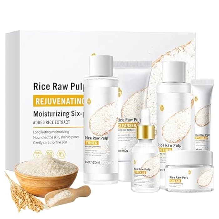 Qawnfy 6PCS Rice Skin Care Sets, Moisturizing Face Skin Care Gift Set for Women Girls, Face Care Kit Inclusde Cleanser, Toner, Eyecream, Essence, Emultion, Face Cream (NEW-Rice) - Image 1