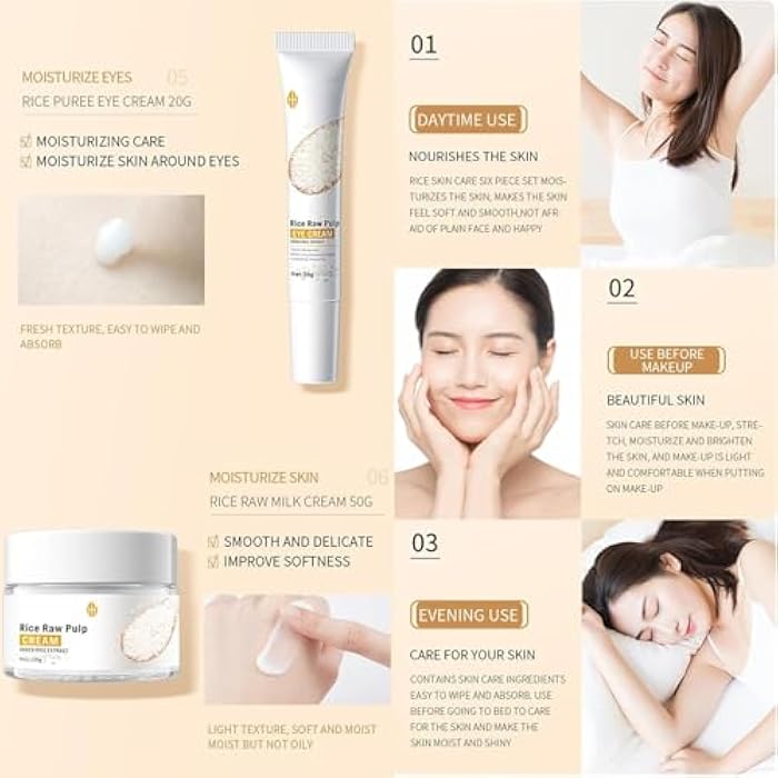 Qawnfy 6PCS Rice Skin Care Sets, Moisturizing Face Skin Care Gift Set for Women Girls, Face Care Kit Inclusde Cleanser, Toner, Eyecream, Essence, Emultion, Face Cream (NEW-Rice) - Image 4