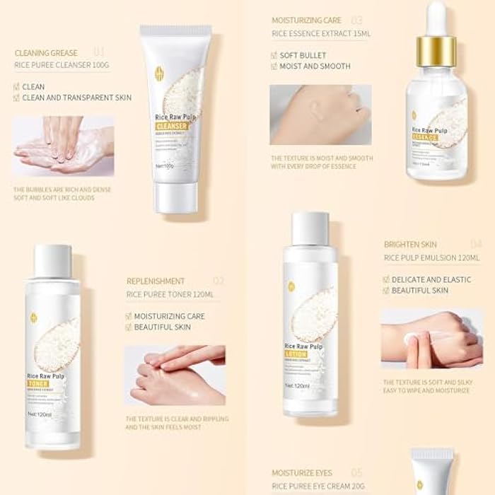 Qawnfy 6PCS Rice Skin Care Sets, Moisturizing Face Skin Care Gift Set for Women Girls, Face Care Kit Inclusde Cleanser, Toner, Eyecream, Essence, Emultion, Face Cream (NEW-Rice) - Image 5