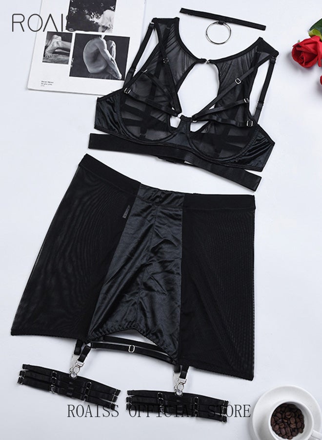 roaiss 2 Piece Unique Lingerie Set for Women with Neck and Leg Rings Ladies Gauze Hip-Covering Skirt Underwear Bralette and Panty Nightwear Suits for Girls - Image 1