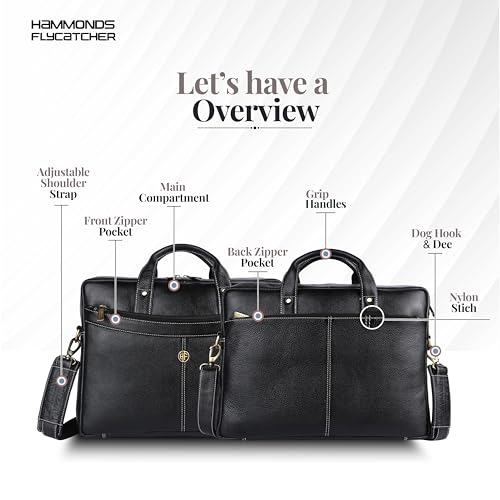 HAMMONDS FLYCATCHER Genuine Leather Office Bag for Men, 15.6 Inch Professional Black Laptop Bag for Men, Adjustable Strap & Multi Compartments, 1 Year Warranty - Office, Travel, Daily Use - Image 3