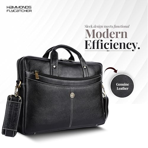 HAMMONDS FLYCATCHER Genuine Leather Office Bag for Men, 15.6 Inch Professional Black Laptop Bag for Men, Adjustable Strap & Multi Compartments, 1 Year Warranty - Office, Travel, Daily Use - Image 2
