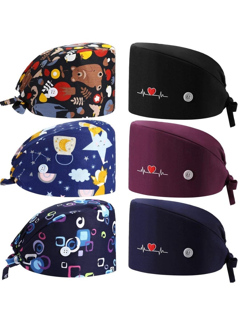 6 Pieces Adjustable Working Caps with Button Gourd Tie Back Bouffant Hats Sweatband Caps Breathable Hair Cover for Women Men, Medium (Multicolor)