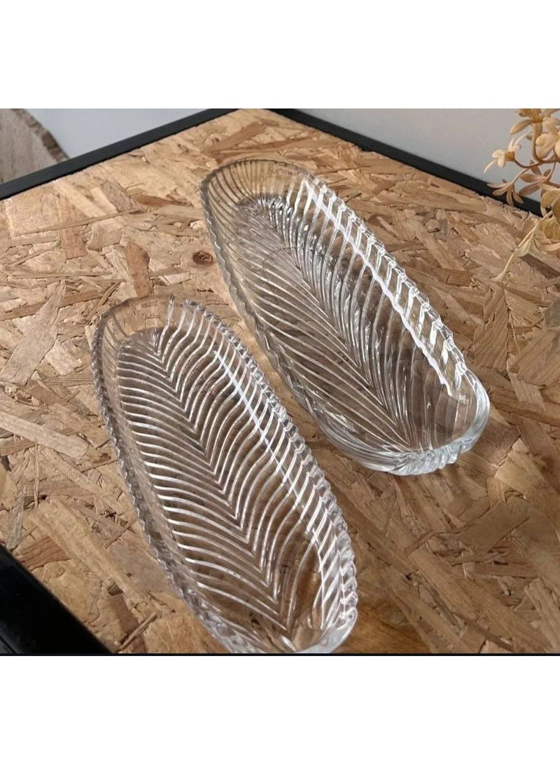 طقم أطباق تسالي زجاجي (قطعتين) من جلاس هوم، تصميم شكل ورق شجر (ميني) - لتقديم المكسرات والكحك والتمر - Image 1