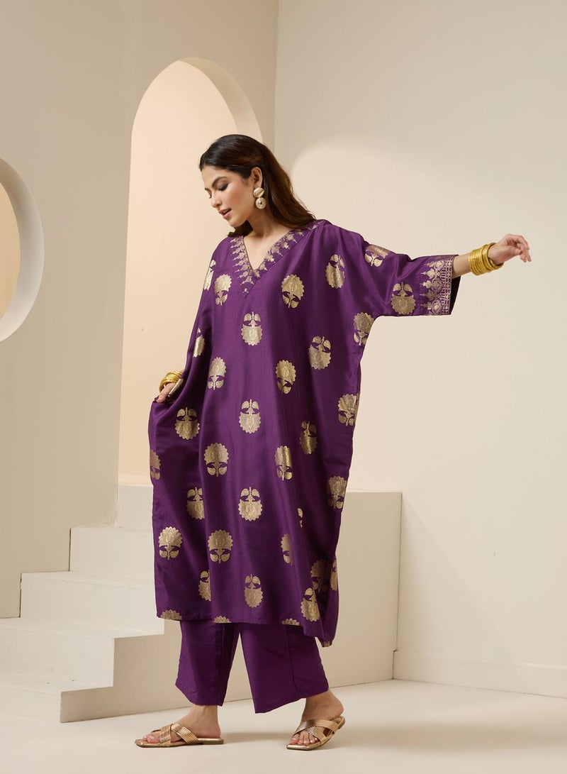 ISHIN WOMEN Purple Polyester Chinon Kurta Sets 2pcs sets - Image 1