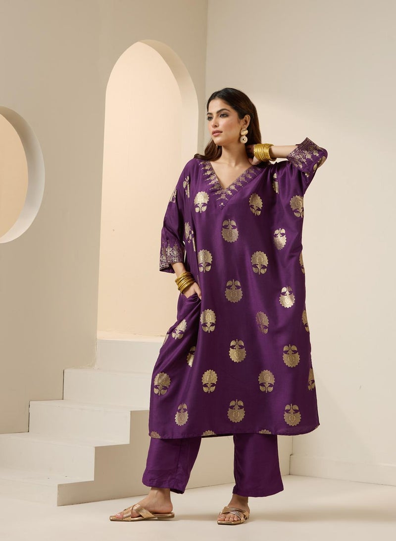 ISHIN WOMEN Purple Polyester Chinon Kurta Sets 2pcs sets - Image 5