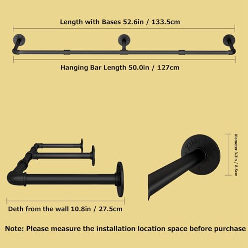 UlSpeed Wall Mounted Clothes Rack 52.6in, Industrial Pipe Clothing Racks Wall Mount, Heavy Duty Detachable Iron Garment Bar, Saving Space, Multi-Purpose Hanging Rod for Bedroom, Laundry Room, 2 Packs - Image 2