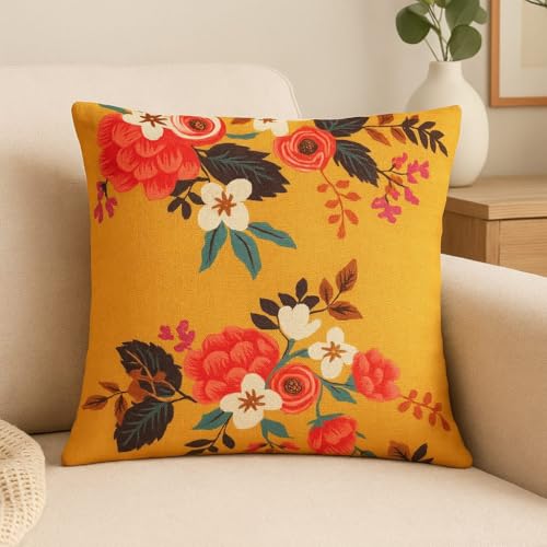 FABANE Jute Cushion Cover 24x24 Inch – Set of 6 Decorative Throw Pillow Covers for Sofa, Couch or Bed – Designer Printed Square Cushion Covers – Home Décor (Mustard Floral) - Image 2
