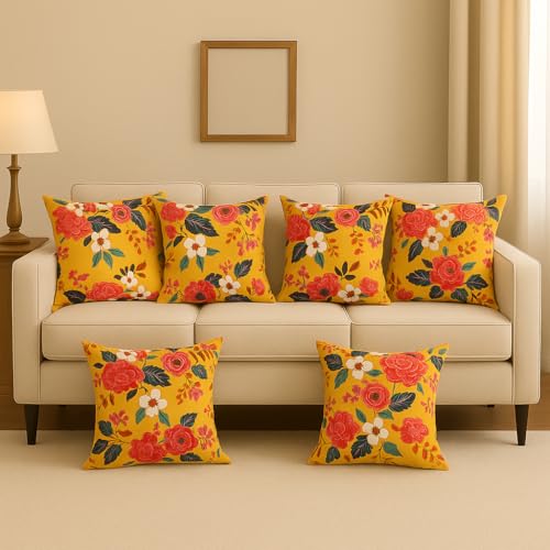 FABANE Jute Cushion Cover 24x24 Inch – Set of 6 Decorative Throw Pillow Covers for Sofa, Couch or Bed – Designer Printed Square Cushion Covers – Home Décor (Mustard Floral) - Image 1