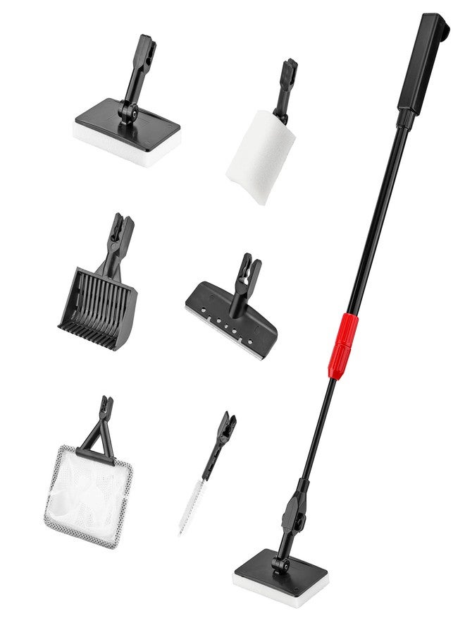 Mogoko 6 in 1 Aquarium Cleaning Tool Kit, Multi-Use Fish Tank Cleaning Kit with Telescopic Long Handle, Algae Scraper Scrubber Pad Scrub Brush Fish Net Gravel Rake - Image 1