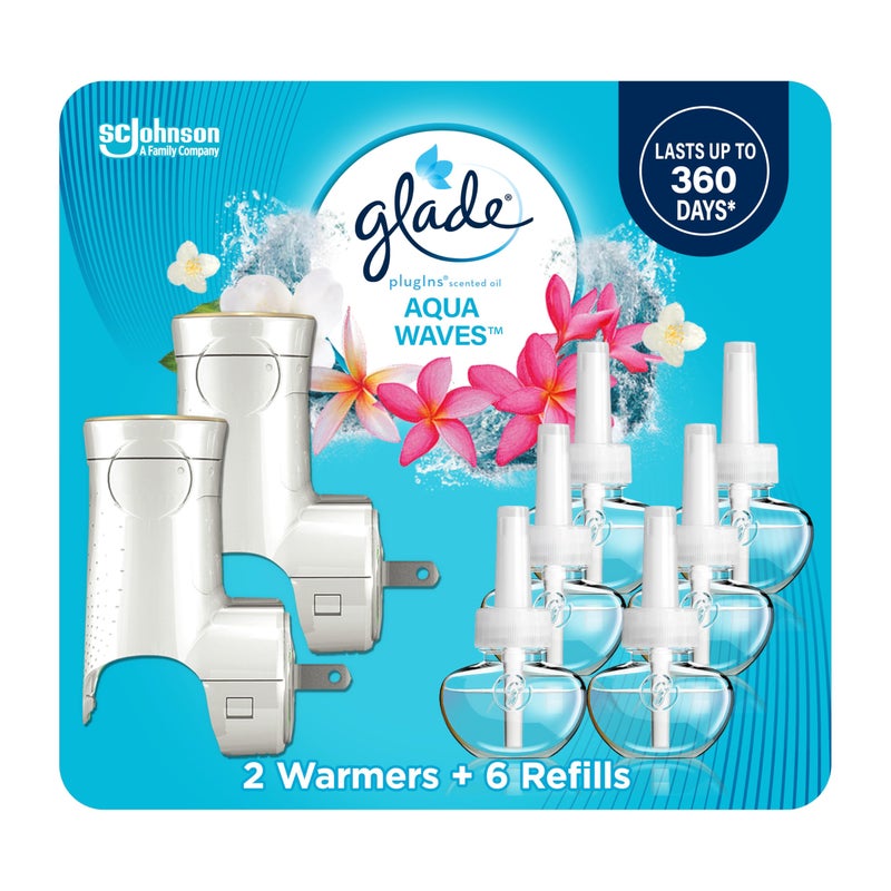 Glade PlugIns Refills Air Freshener Starter Kit, Scented and Essential Oils for Home and Bathroom, Aqua Waves, 4.02 Fl Oz, 2 Warmers + 6 Refills - Image 1