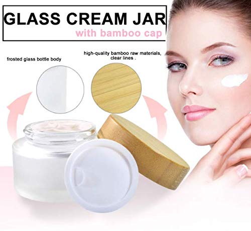SYBL 2 Pack 15ml 0.5oz Empty Refillable Round Frosted Glass Cream Jar Cosmetic Storage Container Pot Sample Jars Bottle with Natural Bamboo Lid and Inner Liners for Cream Lotion Lip Balm - Image 2
