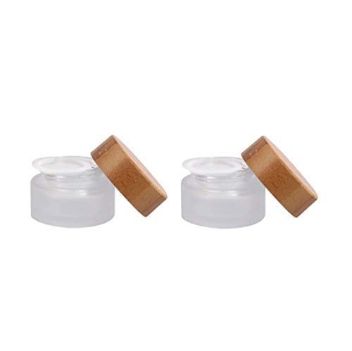 SYBL 2 Pack 15ml 0.5oz Empty Refillable Round Frosted Glass Cream Jar Cosmetic Storage Container Pot Sample Jars Bottle with Natural Bamboo Lid and Inner Liners for Cream Lotion Lip Balm - Image 1