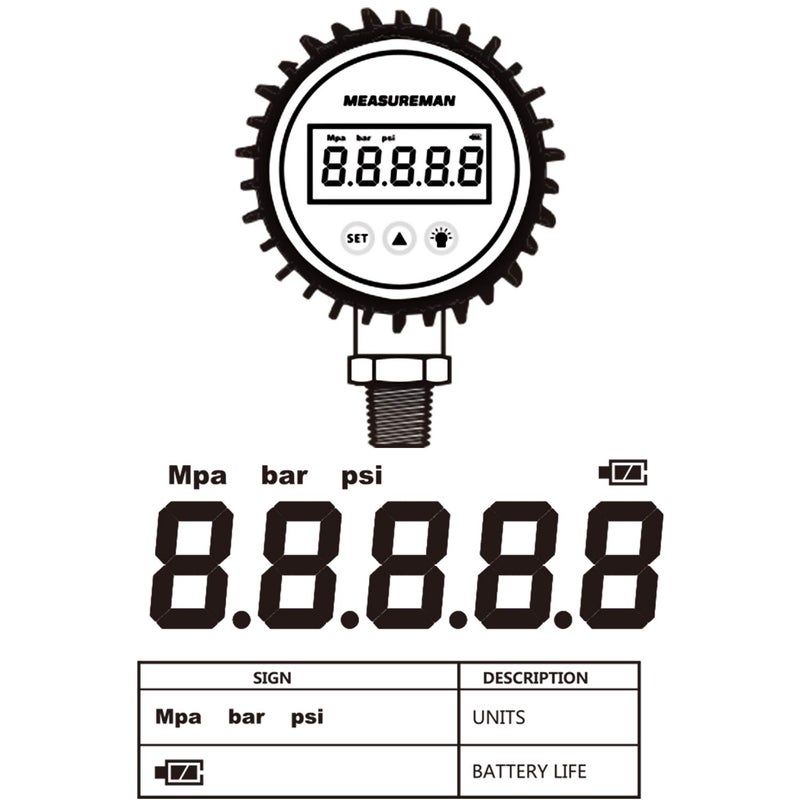 MEASUREMAN MEASUREMAN 3-1/8" Dial Size, Digital Pressure Gauge, 0-3000psi/bar/Mpa, 1/4"NPT Lower Mount, 0.25% Accuracy - Image 4