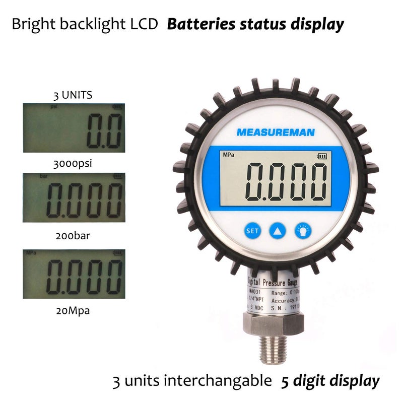 MEASUREMAN 3-1/8" Dial Size, Digital Pressure Gauge, 0-3000psi/bar/Mpa, 1/4" NPT Lower Mount, 0.25% Accuracy - Image 3