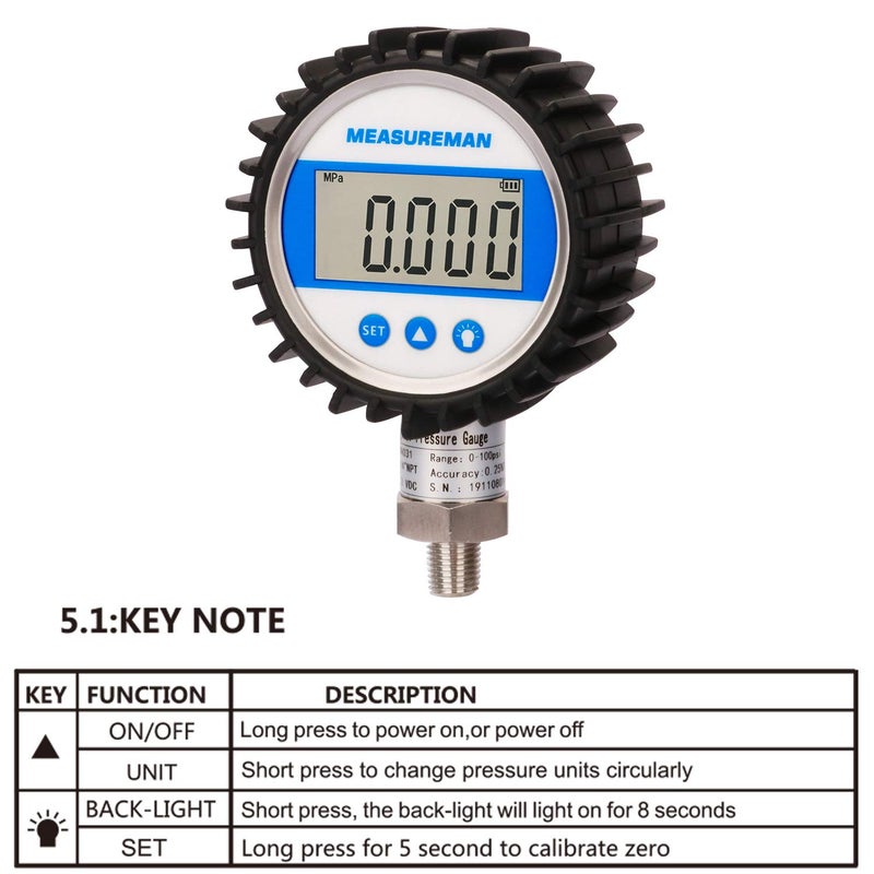 MEASUREMAN 3-1/8" Dial Size, Digital Pressure Gauge, 0-3000psi/bar/Mpa, 1/4" NPT Lower Mount, 0.25% Accuracy - Image 5