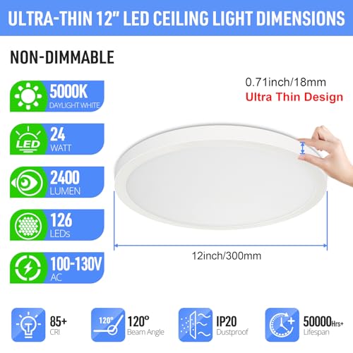 SunRider 4-Pack LED Flush Mount Ceiling Light Fixture, 5000K Daylight White, 2400LM, 12 Inch 24W Round Flat Recessed Lamp, 240W Equiv., Non-Dimmable - Image 2