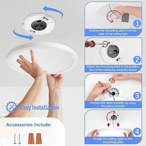 SunRider 4-Pack LED Flush Mount Ceiling Light Fixture, 5000K Daylight White, 2400LM, 12 Inch 24W Round Flat Recessed Lamp, 240W Equiv., Non-Dimmable - Image 3