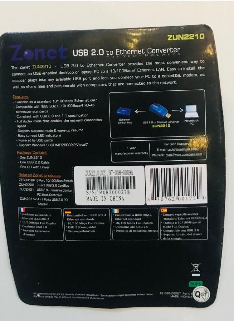 Zonet - USB 2.0 to 10/100 Ethernet Converter RJ 45 Adapter/ZN-ZUN2210 - Image 1