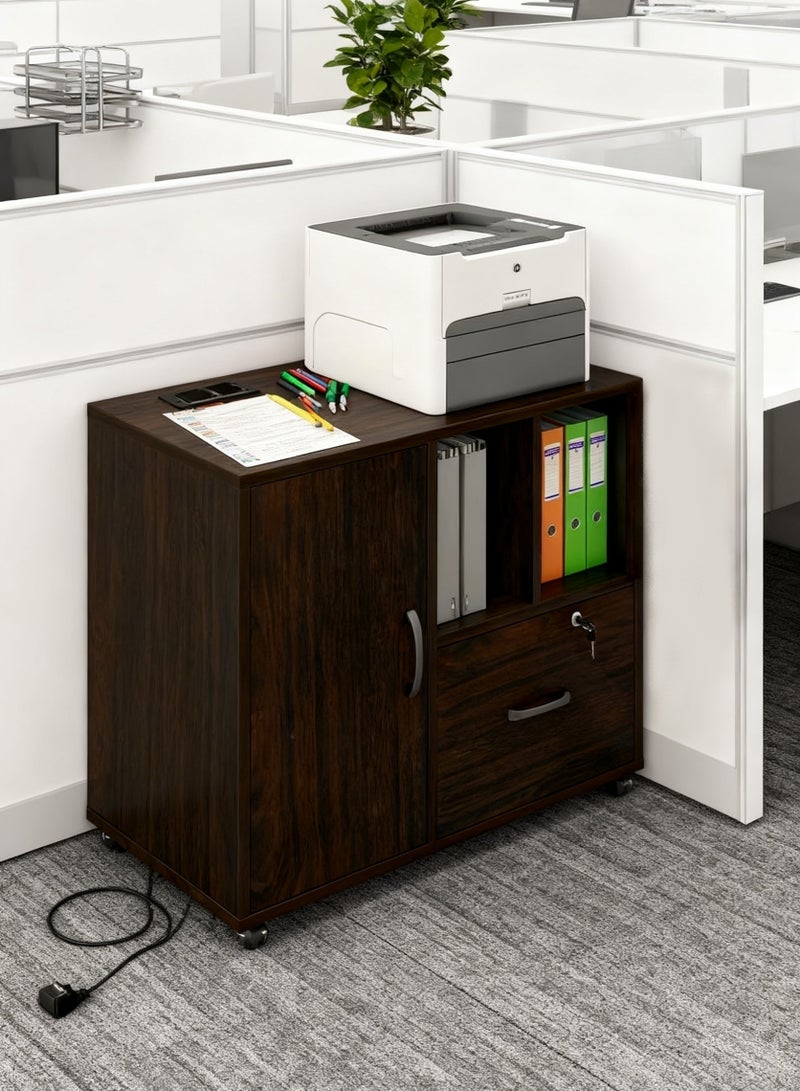 File Cabinet, Printer Open Storage Shelf, Floor Table A4 Low Cabinet for Home Office, Mobile Lateral Drawer Cabinet with Lock, Office Furniture Space Organizer (Walnut Wood Color, WJG004) - Image 1
