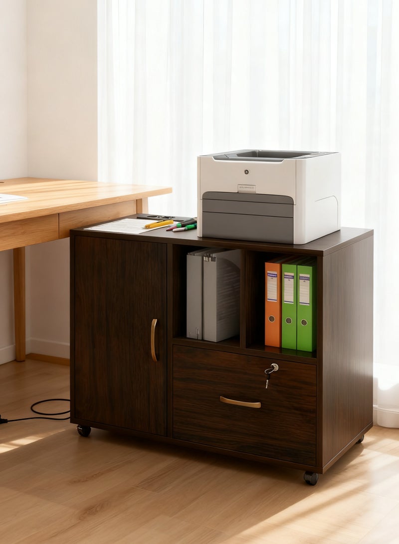 File Cabinet, Printer Open Storage Shelf, Floor Table A4 Low Cabinet for Home Office, Mobile Lateral Drawer Cabinet with Lock, Office Furniture Space Organizer (Walnut Wood Color, WJG004) - Image 2