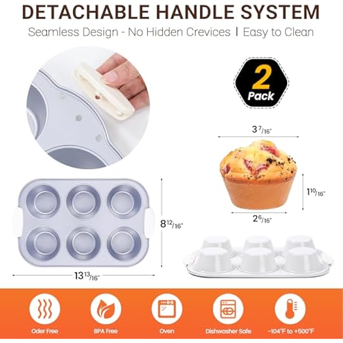 Jumbo Muffin Pan With HeatResistant Handles 6 Cup Large Size Cupcake Pan 2 Pack Nonstick Muffin Tray Pfoa  PfasFree Cupcake Baking Pan Molds For Oven Dishwasher Safe  Silver - Image 2