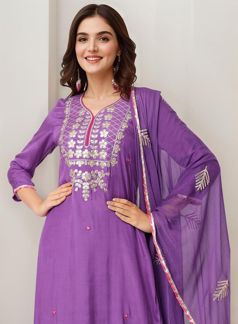 ISHIN Women's Purple 100% Polyester Embellished Regular Fit Kurta Set - Image 3