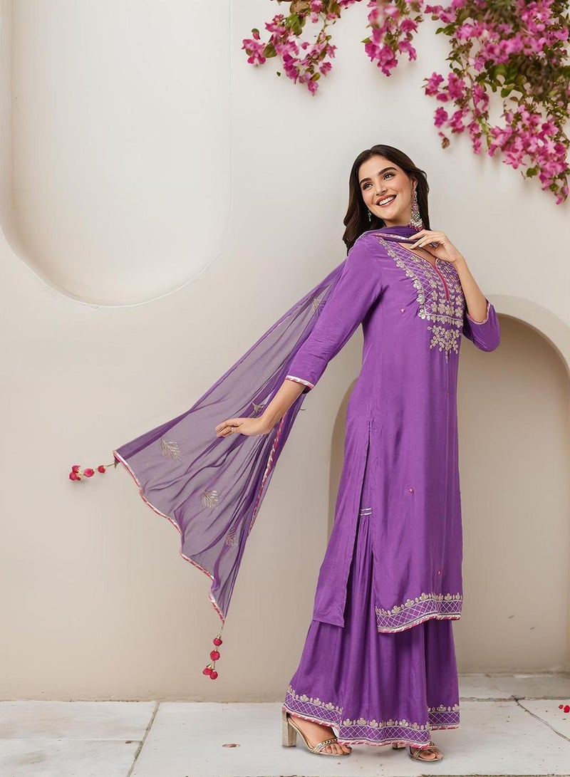 ISHIN Women's Purple 100% Polyester Embellished Regular Fit Kurta Set - Image 5