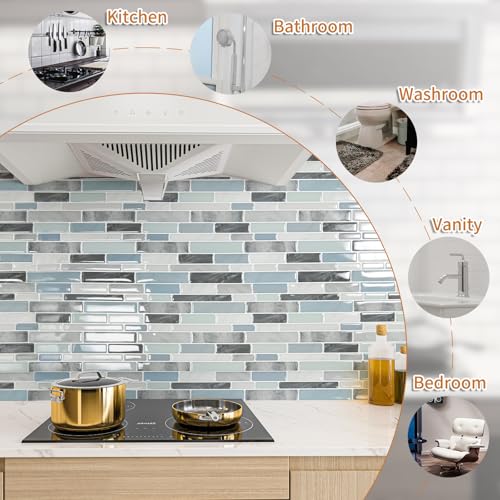 WOWSTAR 10-Sheet Peel and Stick Backsplash Tile for Kitchen, Back Splash Stick On Tiles for Kitchen Wall (Grey and Blue) - Image 3