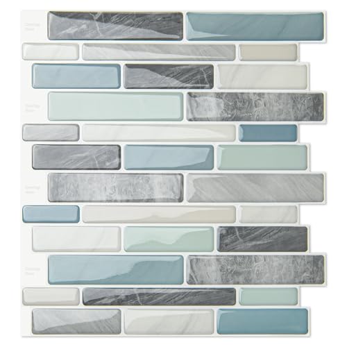 WOWSTAR 10-Sheet Peel and Stick Backsplash Tile for Kitchen, Back Splash Stick On Tiles for Kitchen Wall (Grey and Blue) - Image 1