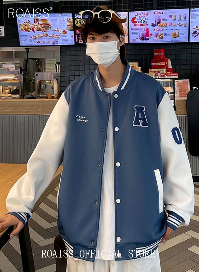 roaiss Men Baseball Jacket Spring Autumn Uniform Jackets Fashion Oversized Graphic Striped Trim Drop Shoulder Corduroy Varsity Jacket Preppy Striped Stand Collar Jacket - Image 2