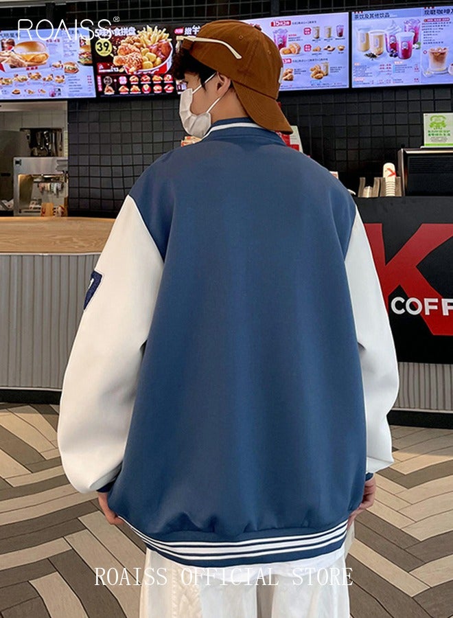 roaiss Men Baseball Jacket Spring Autumn Uniform Jackets Fashion Oversized Graphic Striped Trim Drop Shoulder Corduroy Varsity Jacket Preppy Striped Stand Collar Jacket - Image 3