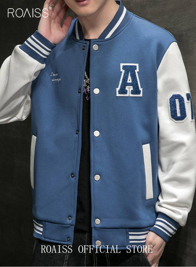 roaiss Men Baseball Jacket Spring Autumn Uniform Jackets Fashion Oversized Graphic Striped Trim Drop Shoulder Corduroy Varsity Jacket Preppy Striped Stand Collar Jacket - Image 5