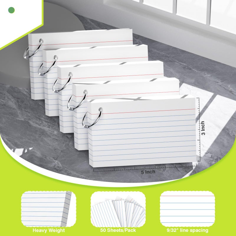 Nichela 250 Count White Index Cards with Ring 3 x 5 Inch Heavyweight Ruled Index Cards, Flash Cards for School & Office Supplies and Home Organization, Durable Study To Do List Note Cards with Ruled Lines - Image 2