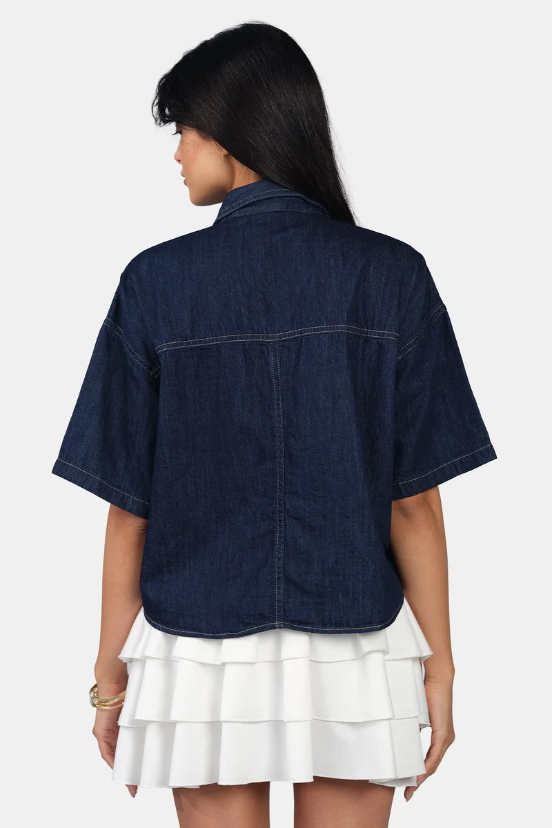Virgio  Solid Cotton Boxy Cropped Denim Shirt for Women for Women | Best Price UAE