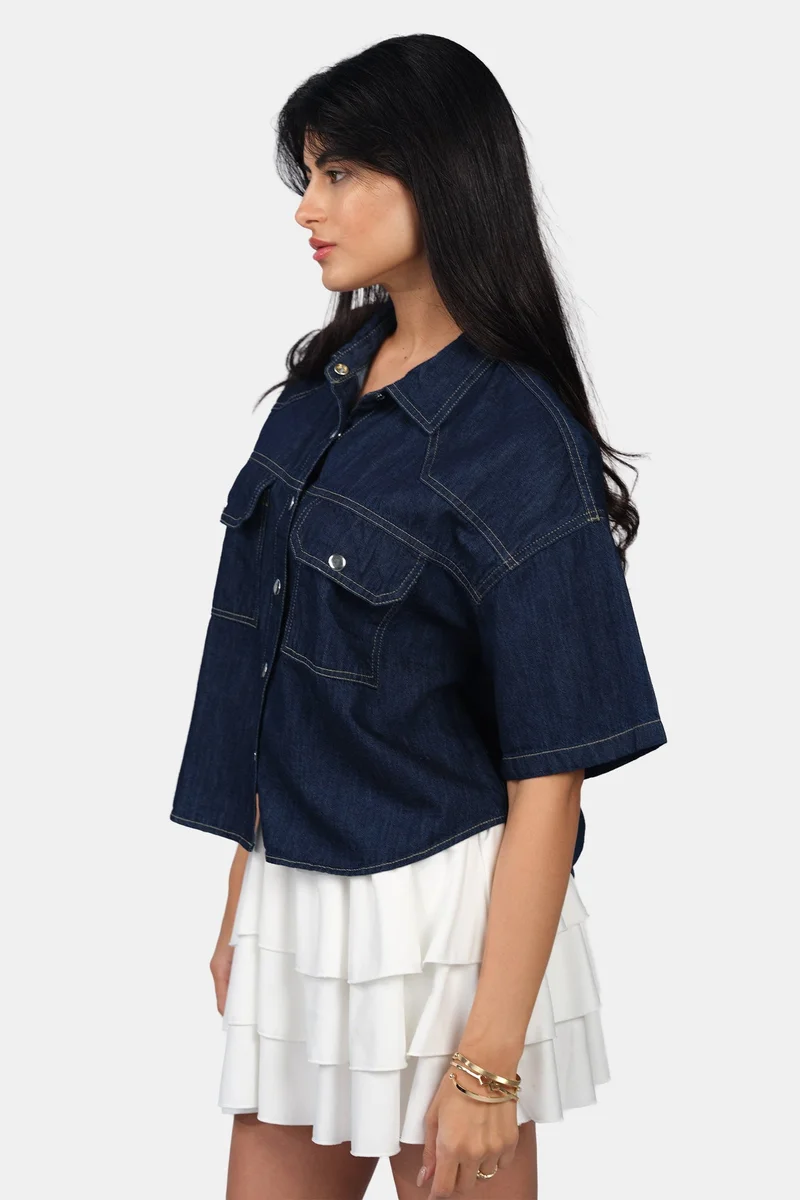 Virgio  Solid Cotton Boxy Cropped Denim Shirt for Women for Women | Best Price UAE