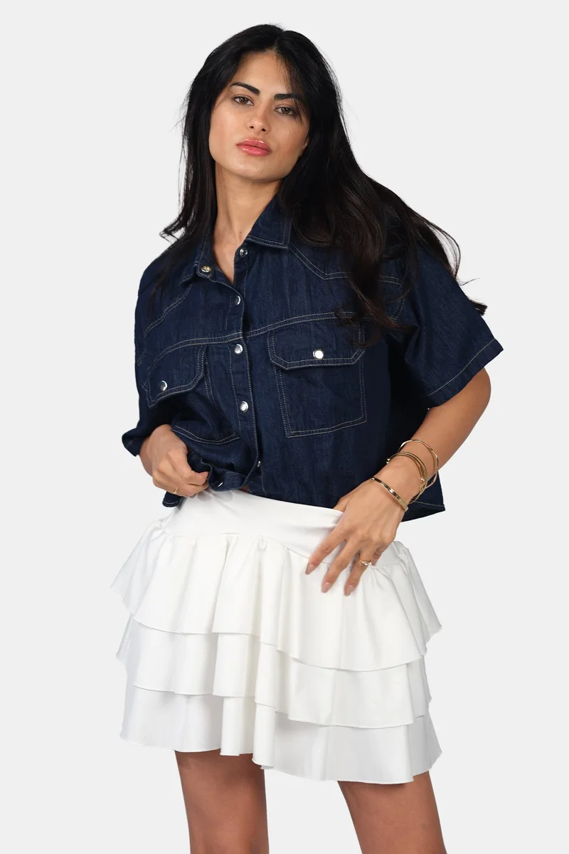 فيرجيو Solid Cotton Boxy Cropped Denim Shirt for Women