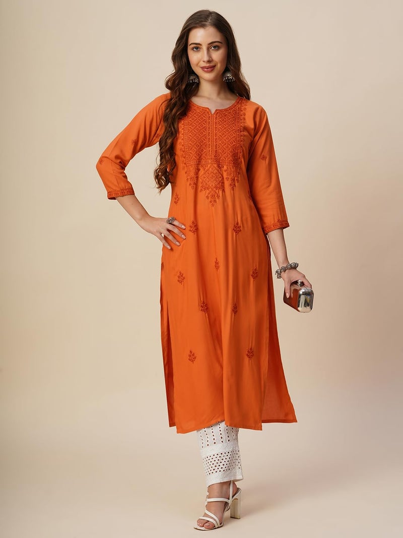 RATAN Women's Rayon Straight Lucknowi Chikankari Ethnic Wear Kurta (SAA-Rust Orange-XX-Large) - Image 4