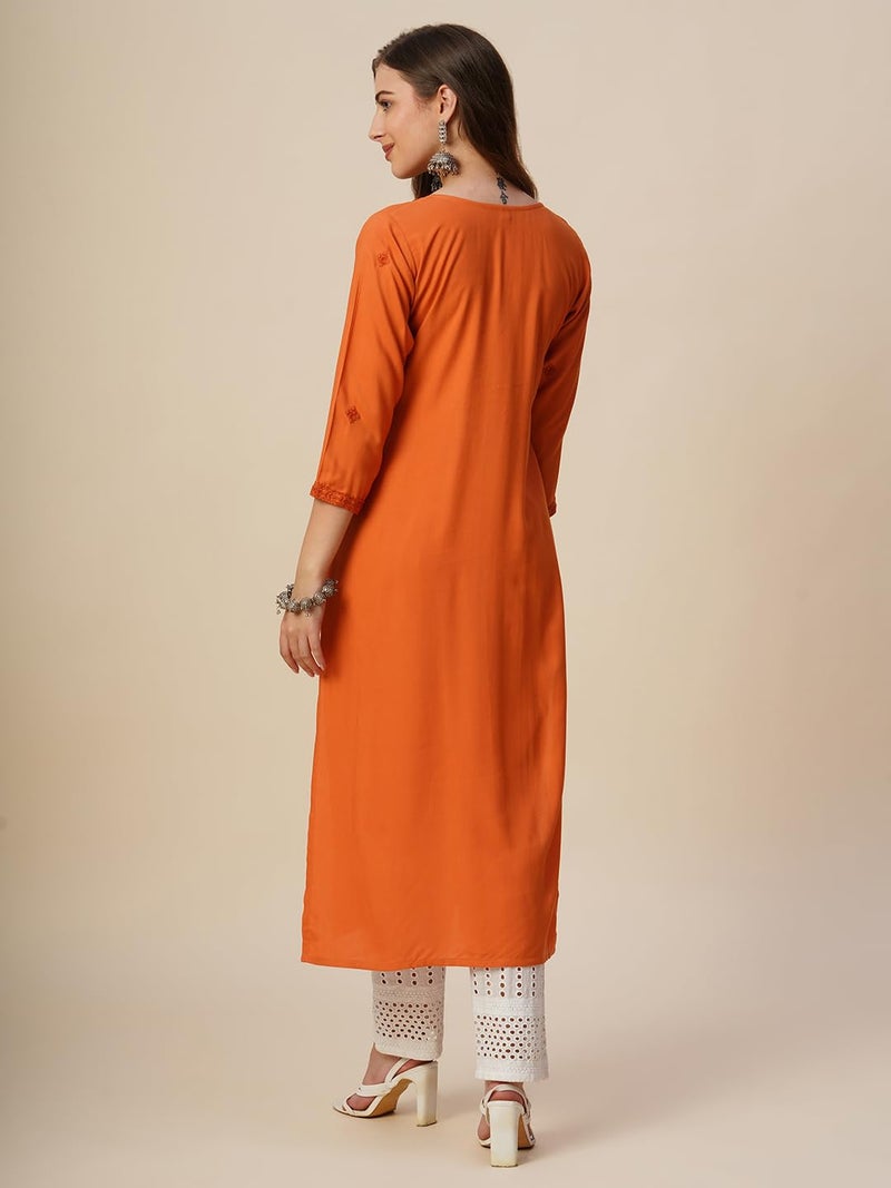 RATAN Women's Rayon Straight Lucknowi Chikankari Ethnic Wear Kurta (SAA-Rust Orange-XX-Large) - Image 3