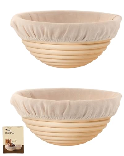 Krbnk Banneton Bread Proofing Basket Proofing Basket for Sourdough Bread Baking Indonesian Rattan Bread Bowl Sourdough Bread Baking Supplies with Linen Liner 7 Round Basket x 2 - Image 1