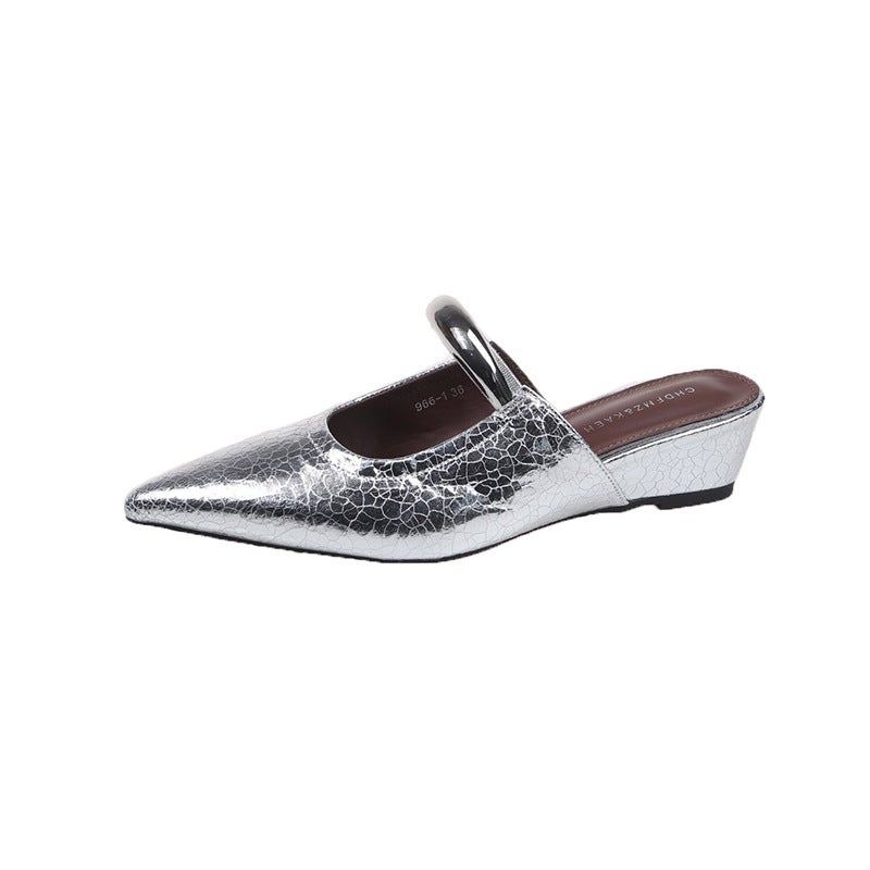Spring Pointed Mule Shoes Metal French Wedge Commuter Sandals Women'S Elegant Baotou Half Slippers - Image 1