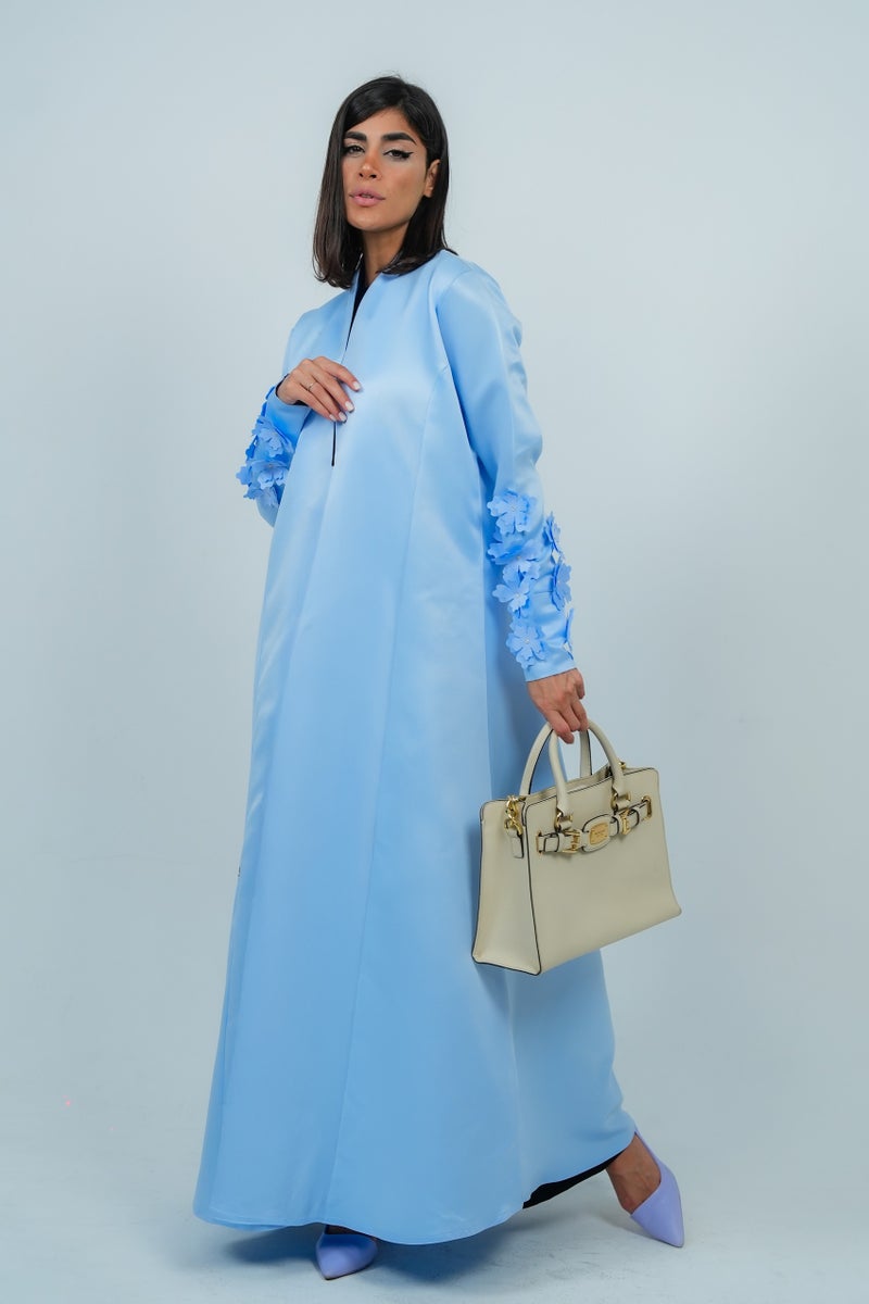 Rosette Abaya Stylish sky-blue abaya Embroidered with Flowers on sleeves - Image 1