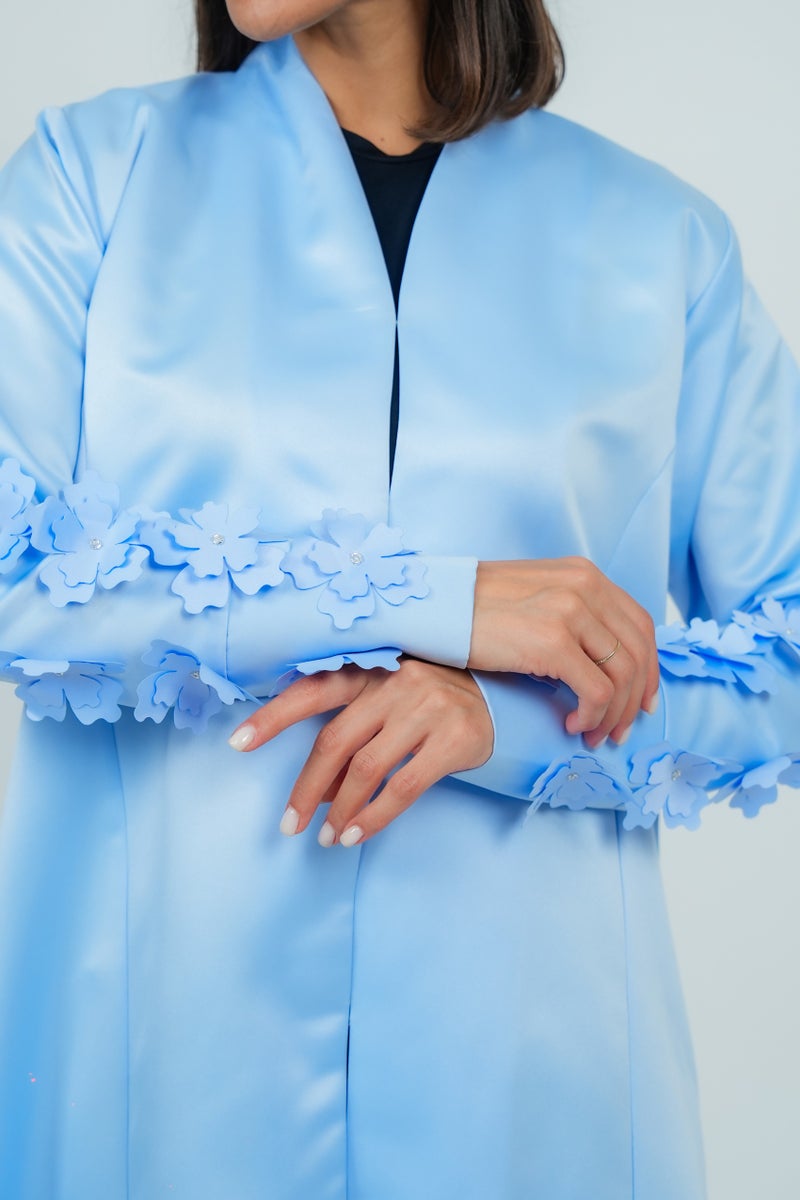 Rosette Abaya Stylish sky-blue abaya Embroidered with Flowers on sleeves - Image 2