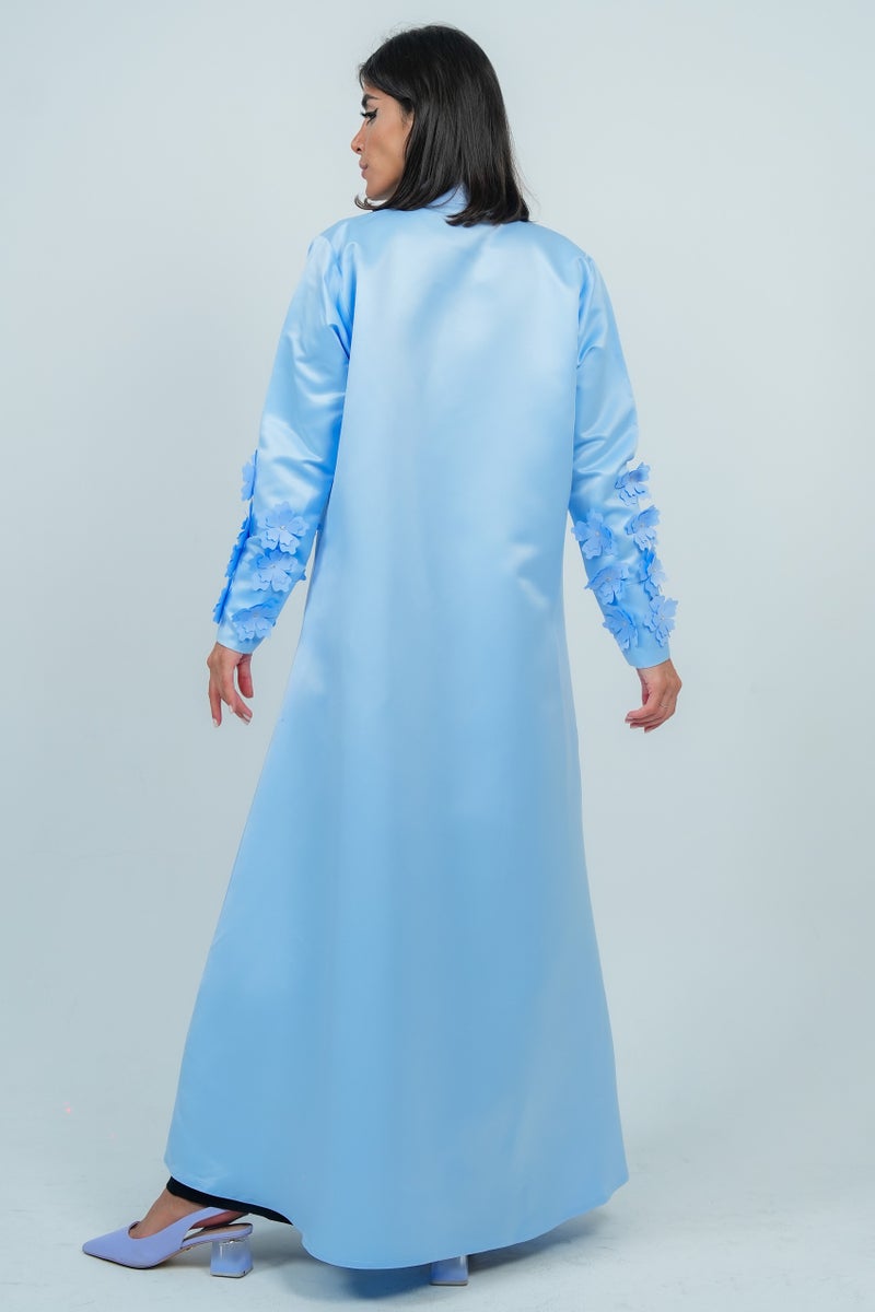 Rosette Abaya Stylish sky-blue abaya Embroidered with Flowers on sleeves - Image 3