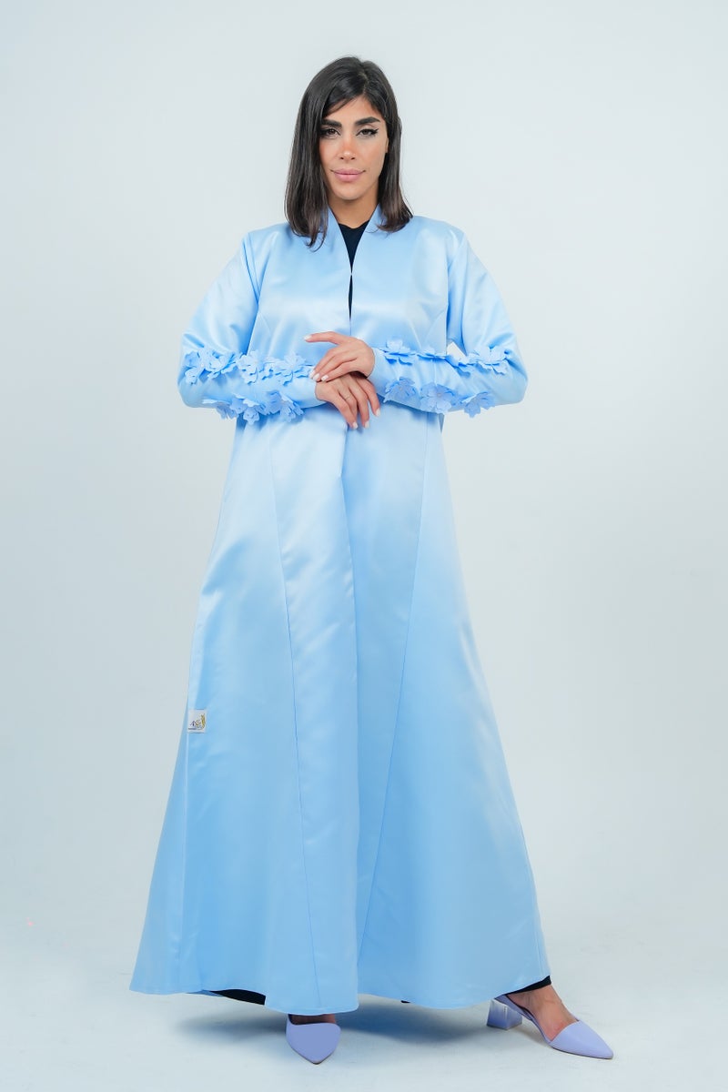 Rosette Abaya Stylish sky-blue abaya Embroidered with Flowers on sleeves - Image 4