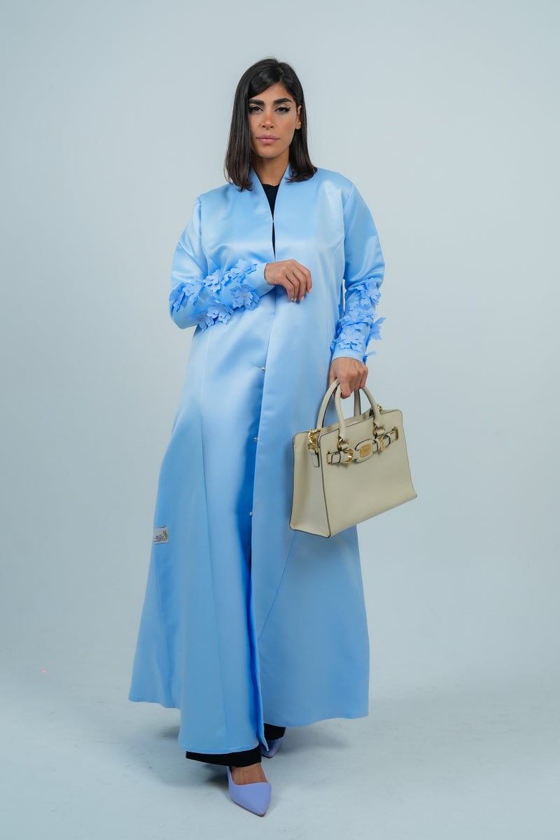 Rosette Abaya Stylish sky-blue abaya Embroidered with Flowers on sleeves - Image 5