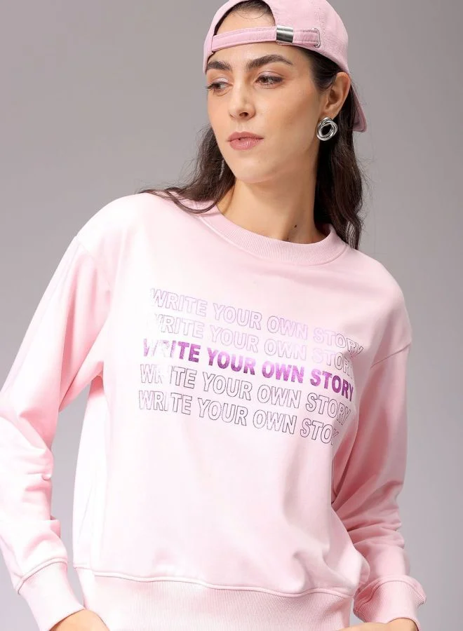 Women Relaxed Fit Typography Printed Crew Neck Long Sleeve Crewneck Sweatshirt