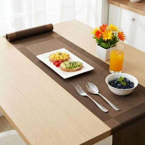 Ramkuwar Modern Dining Table Runner with Placemats Set of 7 Heat Resistant Non-Slip Washable Woven PVC Table Mats for Kitchen, Parties and Home Decor – Brown (1 Runner + 6 Placemats) - Image 5