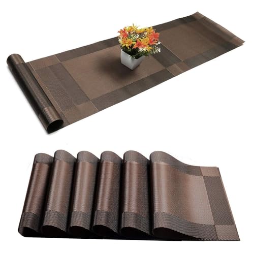Ramkuwar Modern Dining Table Runner with Placemats Set of 7 Heat Resistant Non-Slip Washable Woven PVC Table Mats for Kitchen, Parties and Home Decor – Brown (1 Runner + 6 Placemats) - Image 1